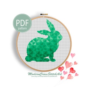 Geometrische Cross Stitch patroon moderne driehoek mozaïek dier geteld grafiek kinderkamer schattige baby konijn silhouet Home Decor patroon PDF