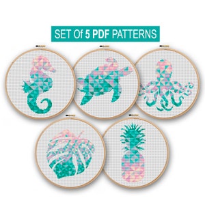 Set of 5 cross stitch patterns PDF, Modern Cross Stitch, Embroidery Set Geometric Turtle, Seahorse, Octopus, Pineapple, Monstera Leaf