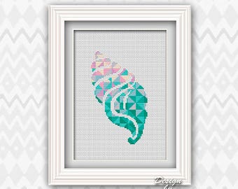 Seashell Cross Stitch Pattern: Geometric Nautical Embroidery (PDF Pattern)