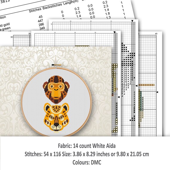 2 Easy Cross Stitch Patterns Tiger And Monkey Embroidery Charts - 