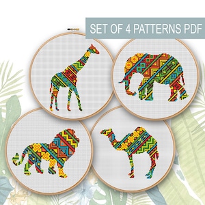 Afrika Tiere 4er Set Silhouetten moderne Kreuzstichmuster - Löwe, Kamel, Elefant und Giraffe.