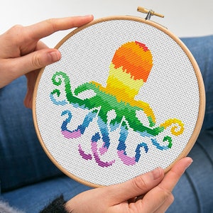 Rainbow octopus - Modern cross stitch pattern PDF - Sea animal embroidery printable pattern for beginner - Instant Download