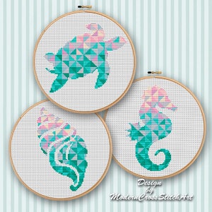 GEOMETRISCH kruissteekpatroon moderne set van 3 patronen PDF driehoek mozaïek zee dier silhouet schildpad, zeepaardje, schelp schattig Home decor DIY