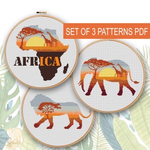 SET 3 Safari-Tiere Kreuzstich, Afrika Karte Kreuzstichvorlage, moderner Kreuzstich Löwe und Elefant, druckbares PDF-Muster