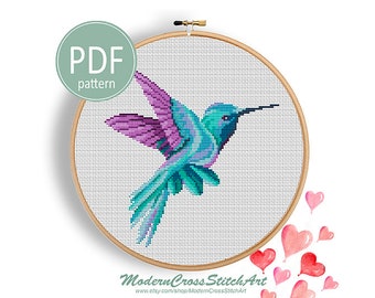 Hummingbird Cross Stitch Pattern: Modern Watercolor Bird (PDF)