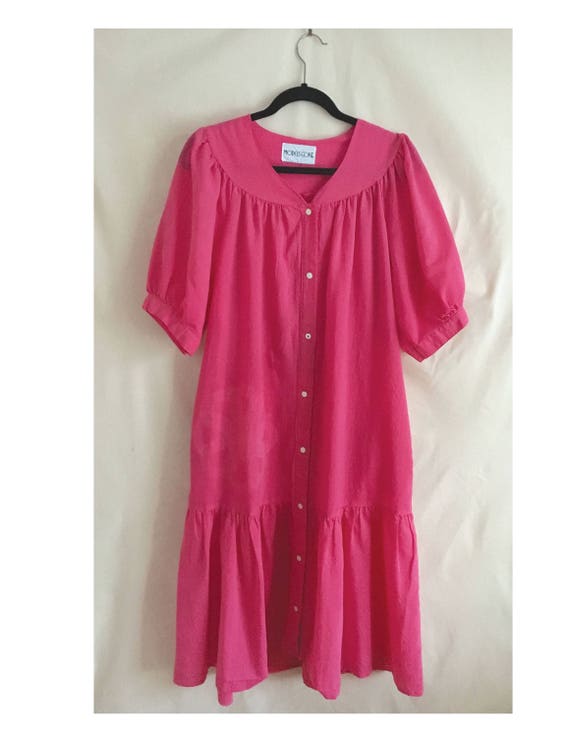 Pink house dress with button snap front, vintage