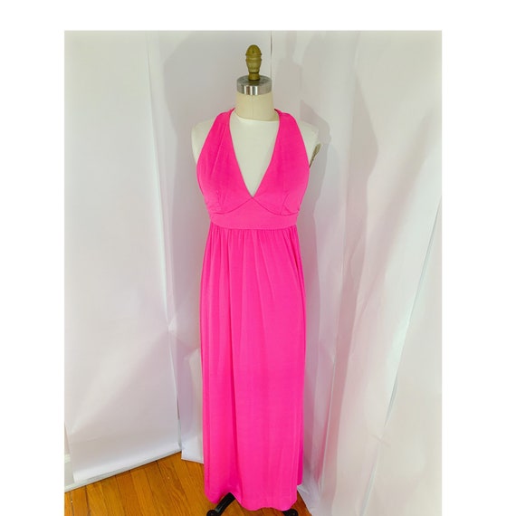 70s hot pink halter maxi dress, vintage halter dre