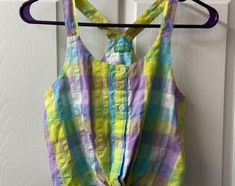 United Colors of Benetton Top Girls XL Purple Green Plaid Tie Front Racerback