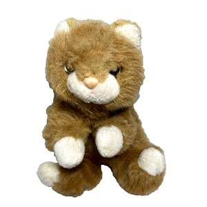 May include: A plush brown cat toy with white accents on its paws, ears, and face. The stuffed animal has a soft, furry texture and a sweet expression, perfect for children.