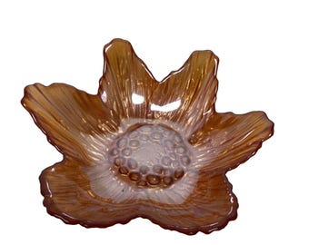 1 Akcam Iridescent Flower Shaped  Dessert Art Glass Bowl Handblown Turkey Orange
