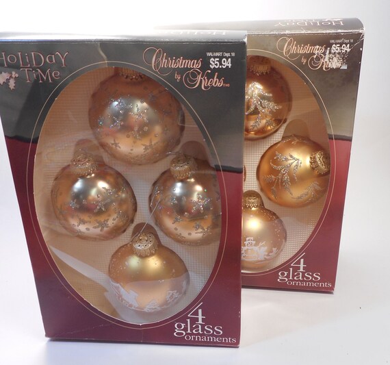 Noël Par Krebs Or Décoré De 3 Pouces En Verre Boule Ornements Beaucoup De 8 Ornements Fabriqué En Allemagne