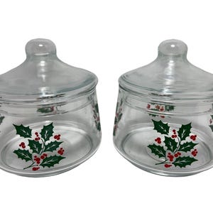 Indiana Glass Company Clear Glass Christmas Holly Snack Jar Lid Lot of 2 Vintage
