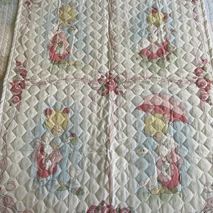 Precious Moments Baby Quilt: Pink, Cream, Blue, Green - 23x36 inches