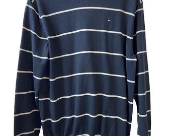 Tommy Hilfiger Sweater Mens XL Blue White Striped Tight Knit Preppy Academia