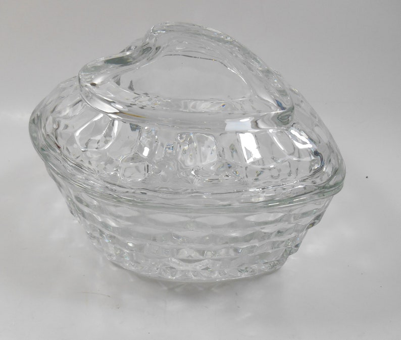 Homeco Vintage Clear Pressed Cut Glass Heart Shaped Candy Jar
