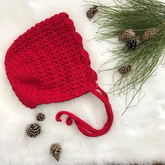 Red Christmas knit bonnet Cotton baby hat from newborn to 4 years old