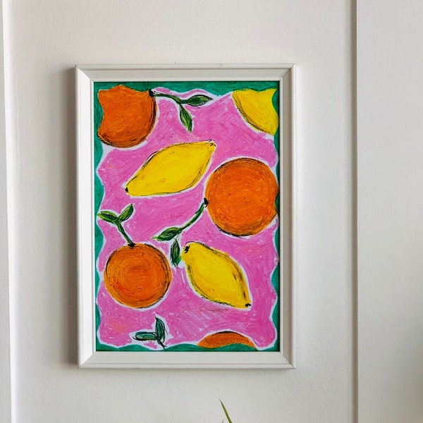 Oranges And Lemons Oil Pastel Painting, Original Artwork, Affordable Art, Colourful Art, Wall Art, Wall Prints, Original Art By Artist