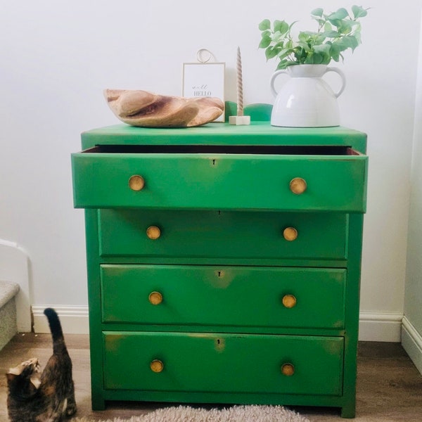 Vintage Chest Of Drawers Hand Painted Green, Upcycled Furniture, Shabby Chic Rustic Decor