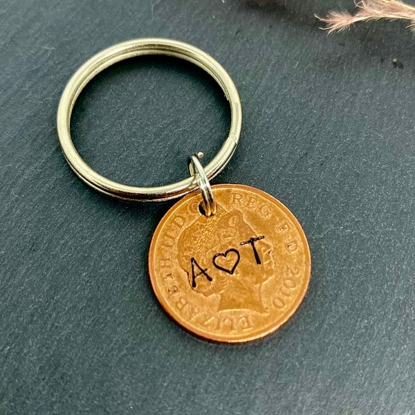 Lucky penny, Wedding anniversary gift, good luck charm, anniversary gift, lucky coin, stamped coin, personalised coin, personalised keyring