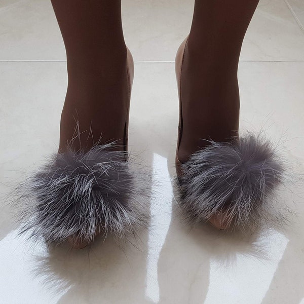 Silver fur Shoe clips,  Real fur pom poms for shoes, fur shoe accessories, fur shoe clips