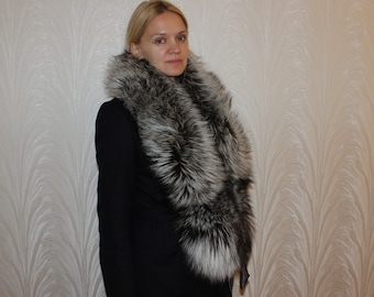 Large silver fox fur collar, winter fur collar, silver fox collar, fox fur, woman collar, fox fur scarf, fur scarf, fur stole, silver fox