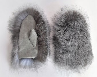 Handmade silver fox fur mittens with wool coat fabric and fleece lining
