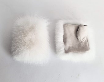 White fox fur fingerless mittens in white color, fingerless mitts, fingerless gloves