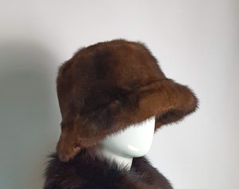 Handmade real mink fur panama hat in brown color, Fur Bucket Hat brown, Winter Outdoor Bucket Hat