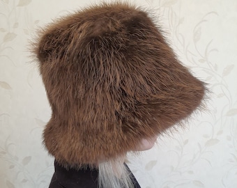 Chapeau panama en fourrure véritable de couleur marron, chapeau de seau en fourrure marron, chapeau de seau extérieur d'hiver