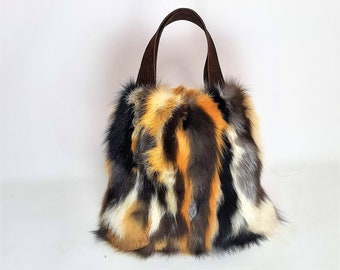 Handmade real fox fur bag  made from real fox fur with large leather straps