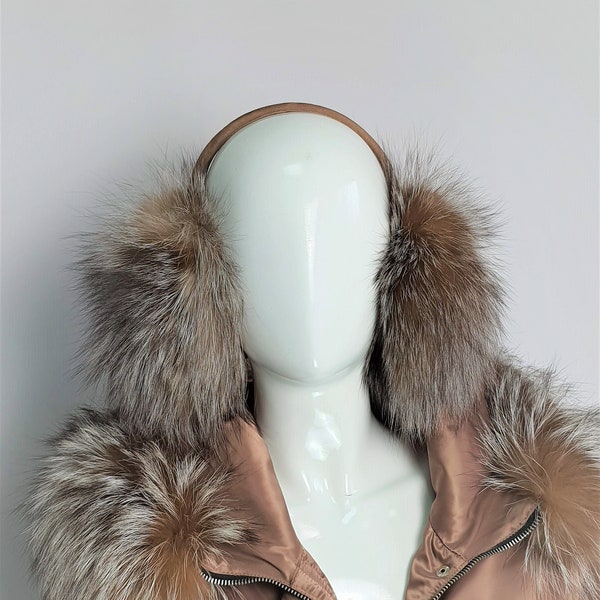 Real crystal fox fur earmuffs with leather bezel, Fox fur fur ears,  fur earmuffs,  fur headphones