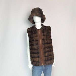 NEW Brown real mink fur vest with wool fabric on the back