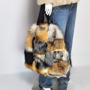 Handmade real fox fur bag  made from real fox fur with large leather straps