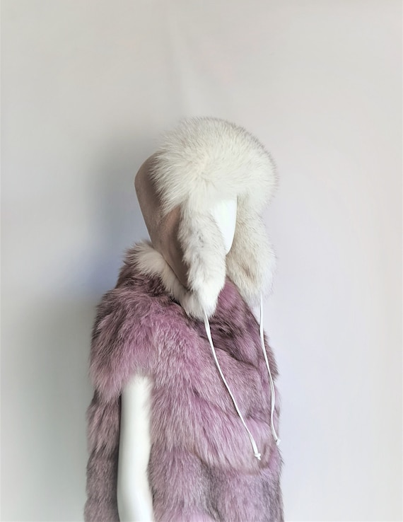 White Fox fur hat with coat fabric  Aviator winter hat, Fox Fur Trapper Hat, Natural Fox Fur hat, Russian ushanka, winter furry hat