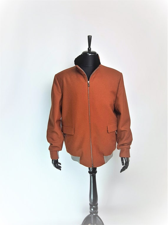 Handmade Wool Fabric Mens Bomber Jacket With Mink Fur Lining Mens