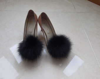 Black fur Shoe clips,  Real fur pom poms for shoes, fur shoe accessories, fur shoe clips