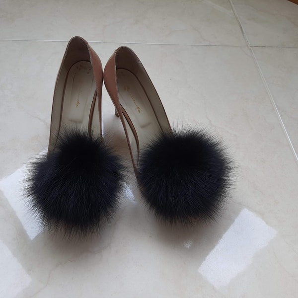 Black fur Shoe clips,  Real fur pom poms for shoes, fur shoe accessories, fur shoe clips