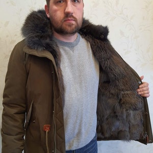 Mens khaki fur parka made from real fox fur, full fur lined mens fur parka