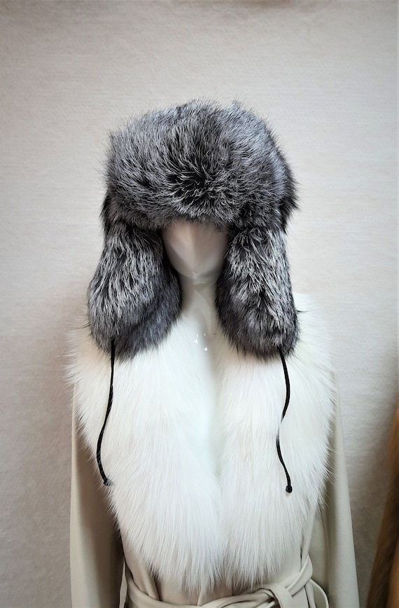 Silver fox fur hat, Aviator winter hat, Silver fox Fur Trapper Hat, Natural Fox Fur hat, Russian ushanka, winter furry hat