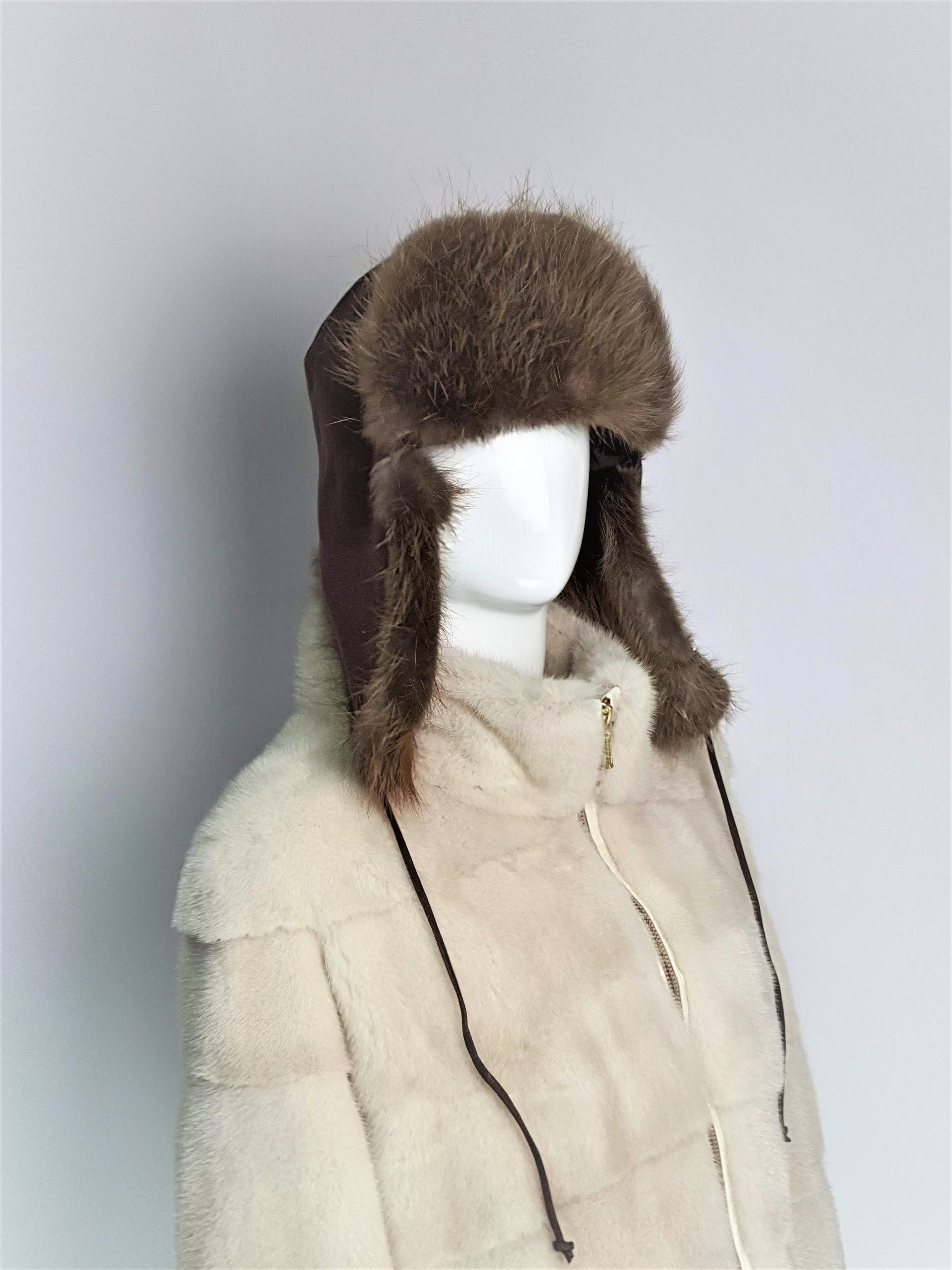 Brown Ushanka Fur Hat Made From Beaver Fur and Brown Woll Fabric