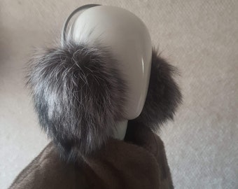 Real silver fox fur earmuffs with leather bezel, Fox fur fur ears,  fur earmuffs,  fur headphones