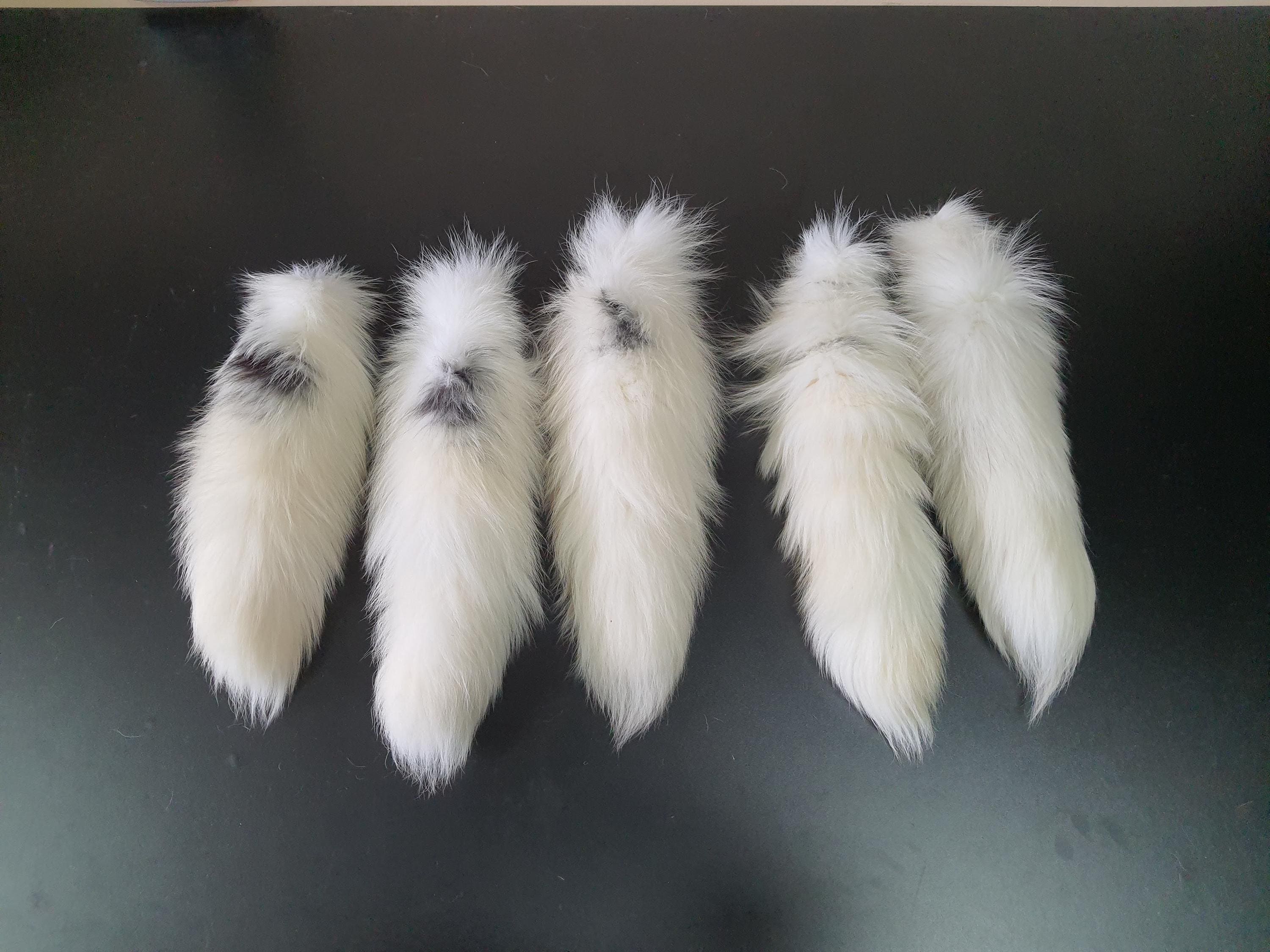 Large White Marble Fox Tail Keychain With Gold Ring, White Fox