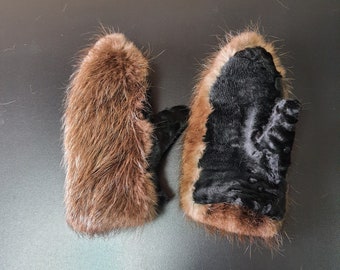 Mitaines en fourrure véritable pour femmes avec fourrure de karakul et de castor, mitaines, cadeau de luxe, gants, mitaines d'hiver, gants d'hiver, gants en fourrure véritable