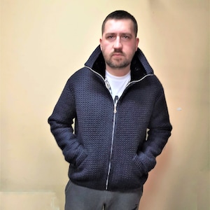 Soft wool men&#39;s cardigan with mink fur collar, Wool coat, Wave jacket, Traditional men&#39;s sweater, Wool men&#39;s hoodie, Luxury men&#39;s sweater