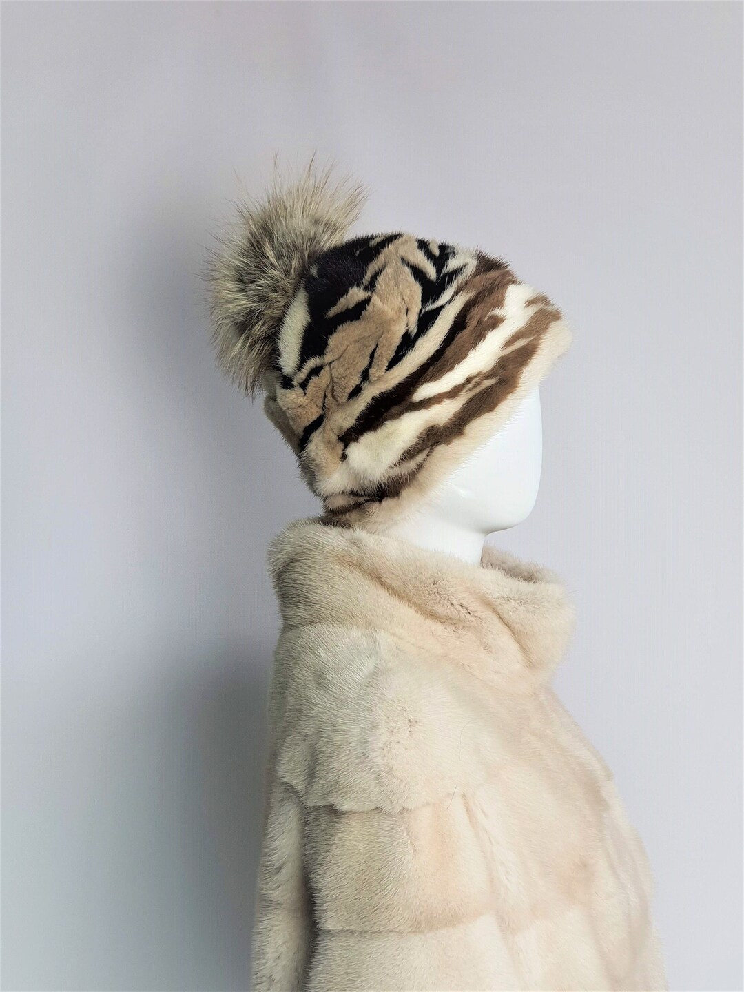 Mink Fur Hat With Leather Visor - White