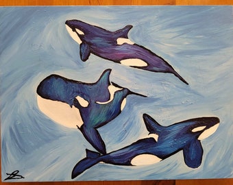 Bremer pod. Acrylic painting of orcas (killer whales)