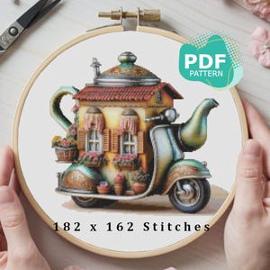 Teapot cross stitch pattern / Whimsical Teapot House on Scooter Cross Stitch Pattern / House cross stitch pattern / Digital Pattern