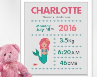 Birth announcement, Little mermaid birth announcement, girls decoration cross stitch pattern. Baby decoration. Download in .pdf