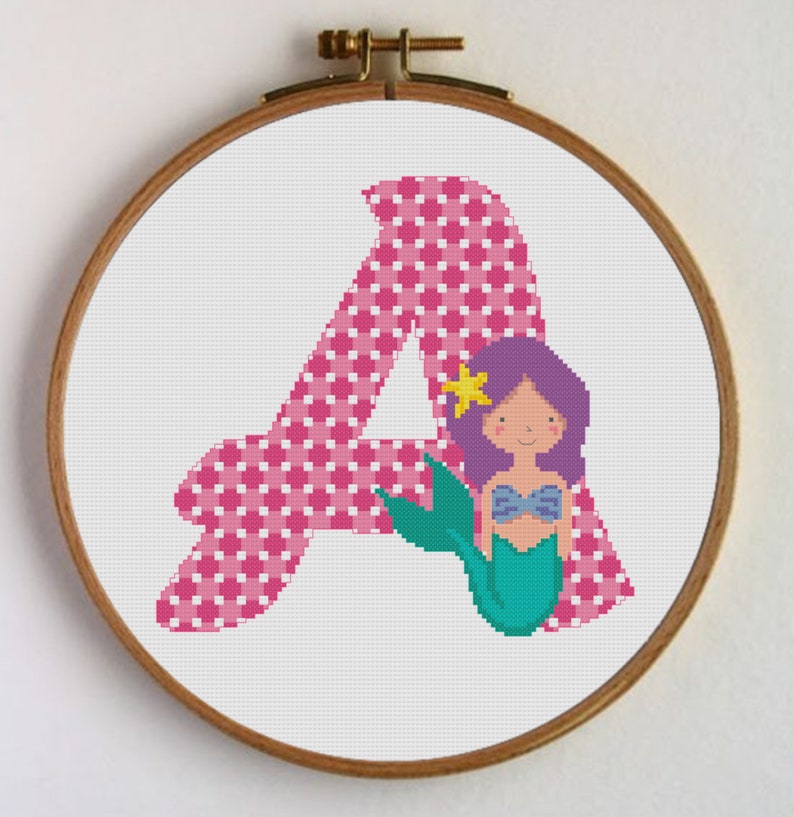 cross-stitch Mermaid Letter A Cross-stitch pattern Initial A children/'s decoration Letter A Immediate download in .pdf
