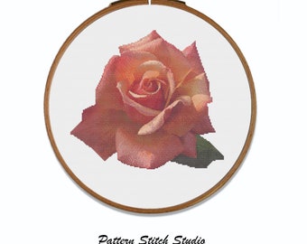 Peach rose cross-stitch pattern - Rose flower cross-stitch pattern. Immediate download in .pdf